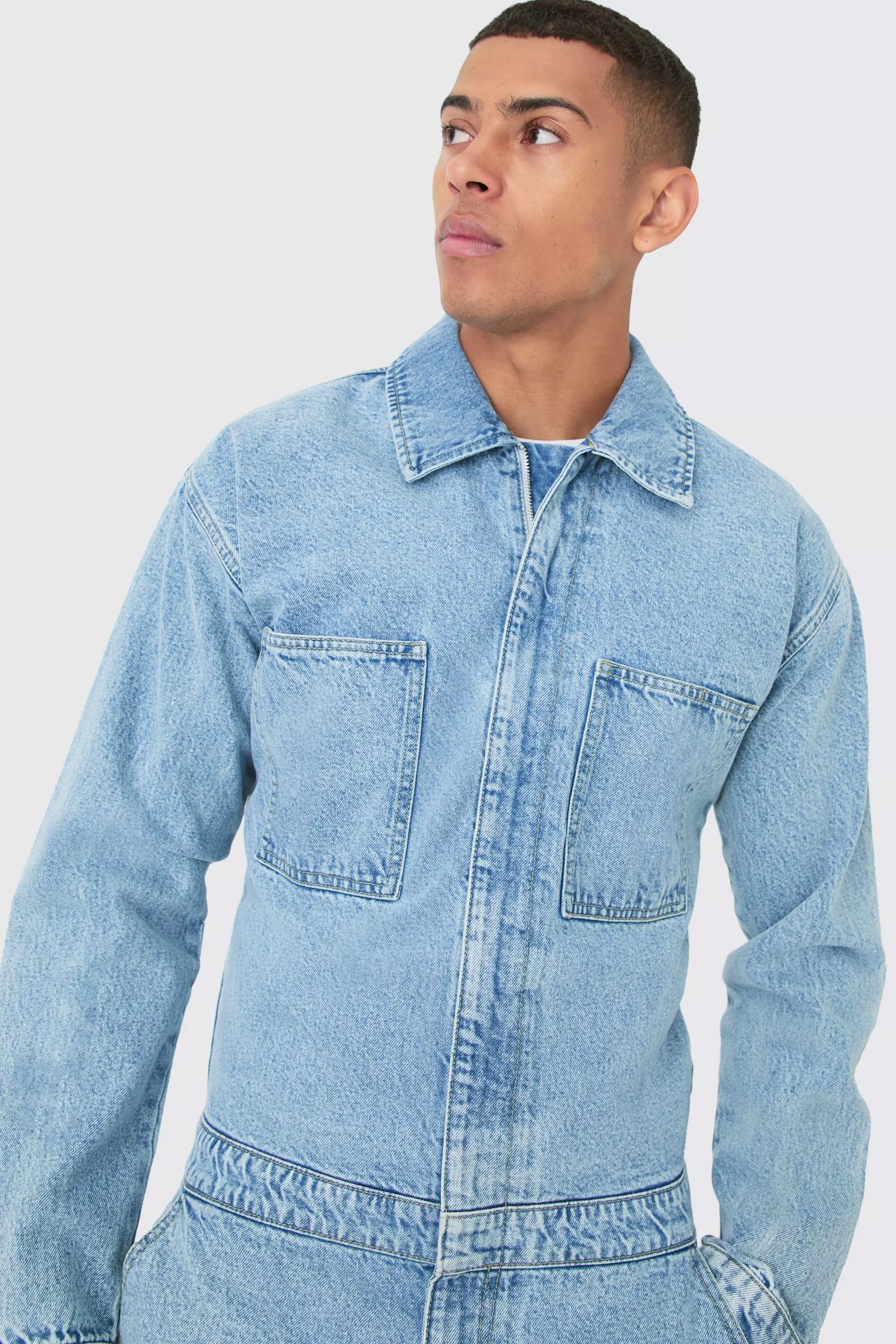 Relaxed Fit Long Sleeve Denim Jumpsuit In Light Blue boohooMAN USA